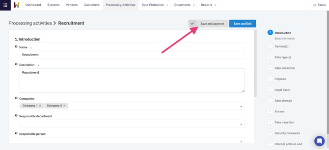 How to approve a processing activity in Wired Relations ENG - Save and approve button