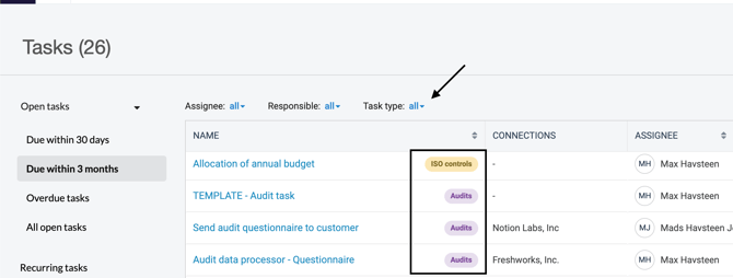 Examples of task types ENG - Task types filter