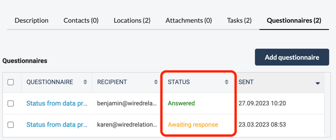 How to efficiently manage your vendors in Wired Relations ENG - Questionnaire status