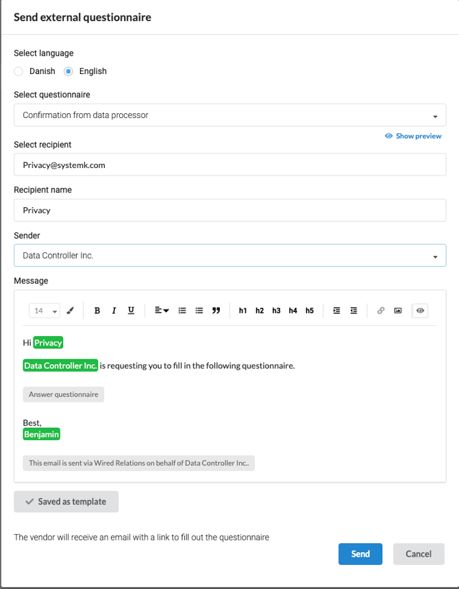 How to efficiently manage your vendors in Wired Relations ENG - Sending questionnaire